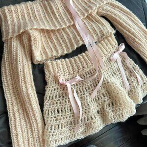 hand crocheted cream mohair blend set